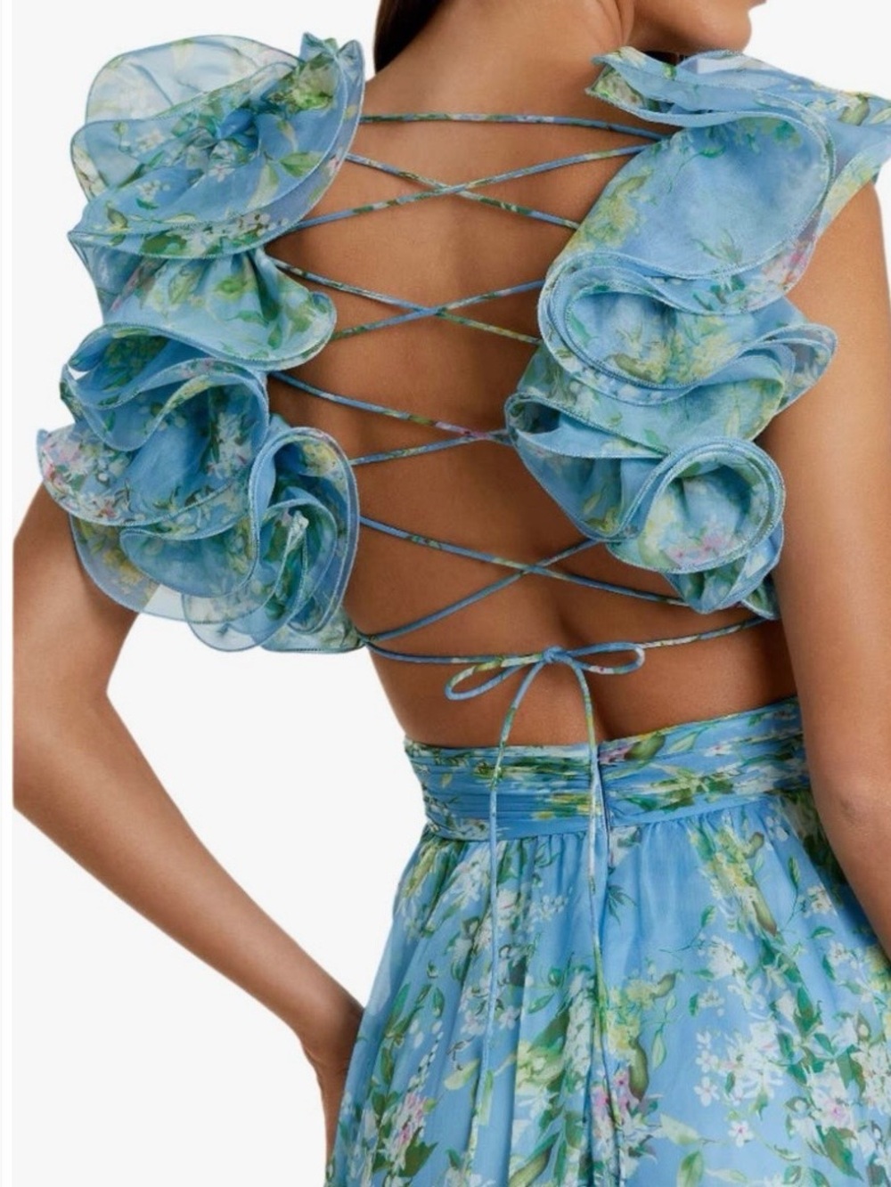 NWT Mac Duggal Blue Ruffle Tiered Floral Cut-Out Chiffon Gown reg $398 size 6 - Picture 3 of 16